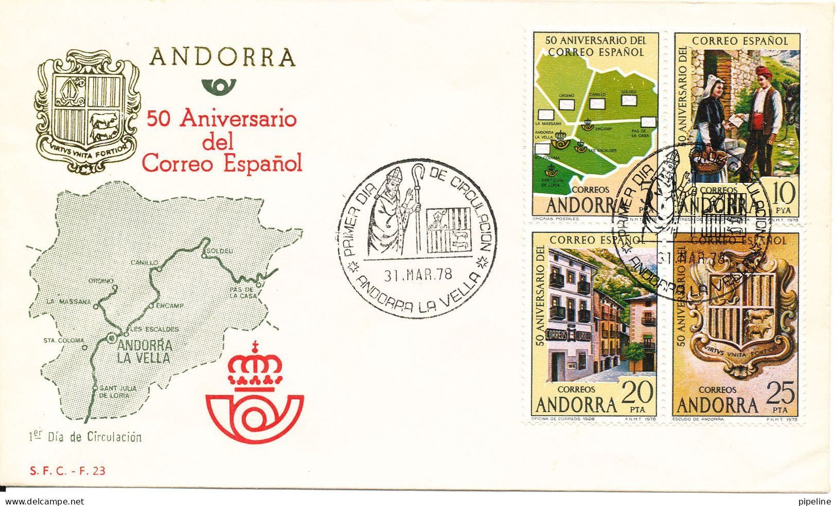 Spanish Andorra FDC 31-3-1978 50th Anniversary Spanish Mail 4 Stamps From A Minisheet On Cover With Cachet - Storia Postale