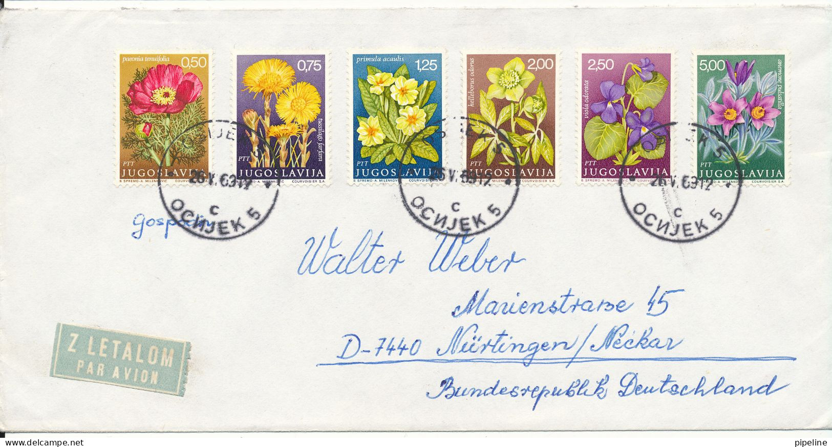 Yugoslavia Cover Sent To Germany Osijek 26-5-1969 With Complete Set Of 6 Flowers - Briefe U. Dokumente