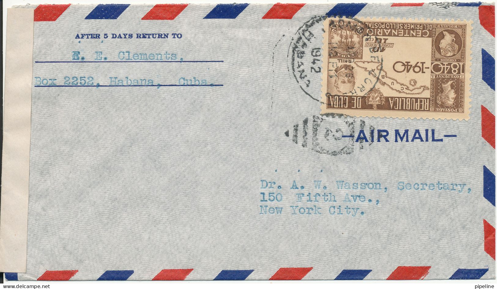 Cuba Censored Air Mail Cover (4105) Sent To USA26-4-1942 Single Franked - Aéreo