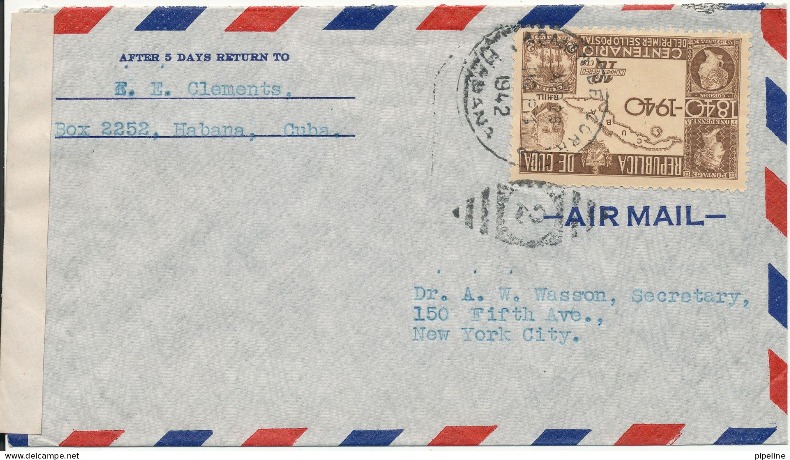 Cuba Censored Air Mail Cover (4105) Sent To USA26-4-1942 Single Franked - Airmail