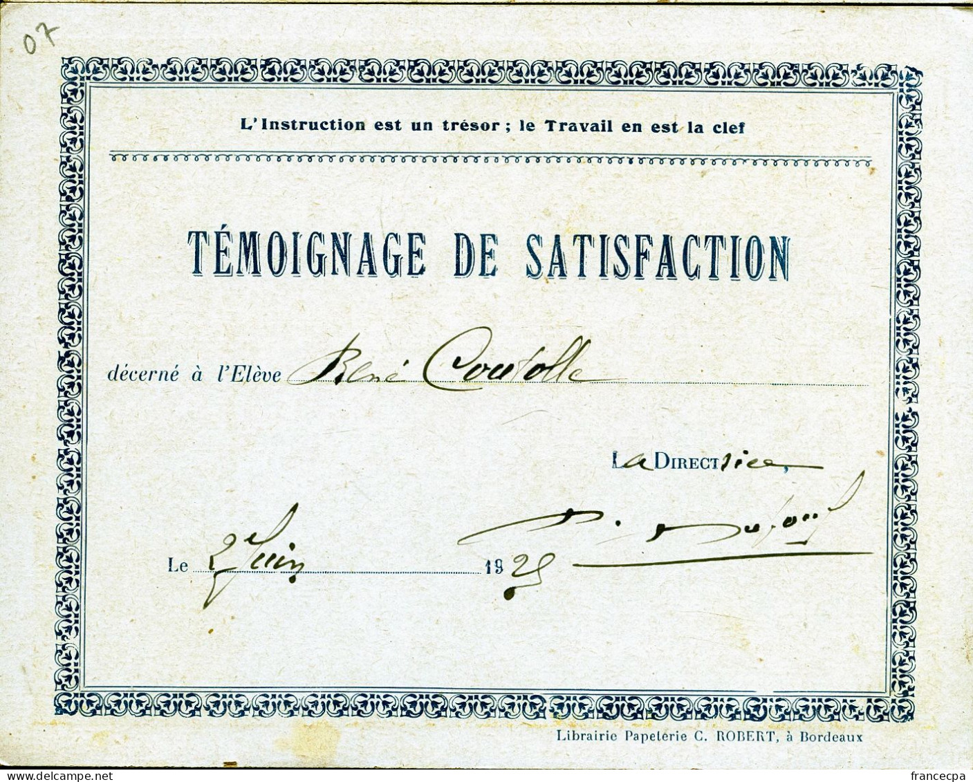 07 - TEMOIGNAGE DE SATISFACTION - FRERE JACQUES - Diplômes & Bulletins Scolaires