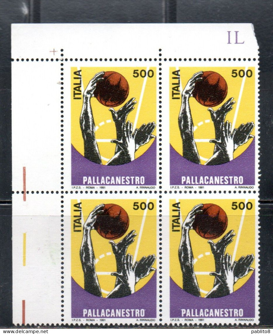 ITALIA REPUBBLICA ITALY REPUBLIC 1991 LO SPORT ITALIANO PALLACANESTRO BASKET QUARTINA ANGOLO DI FOGLIO BLOCK MNH - 1991-00: Mint/hinged