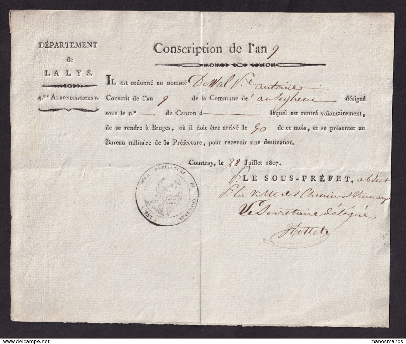 DDFF 809 -- COURTRAI Document 1807 - Conscription De L' An 9 , Antoine De Wal D' ANSEGHEM Doit Se Rendre à BRUGES - 1794-1814 (Periodo Francese)
