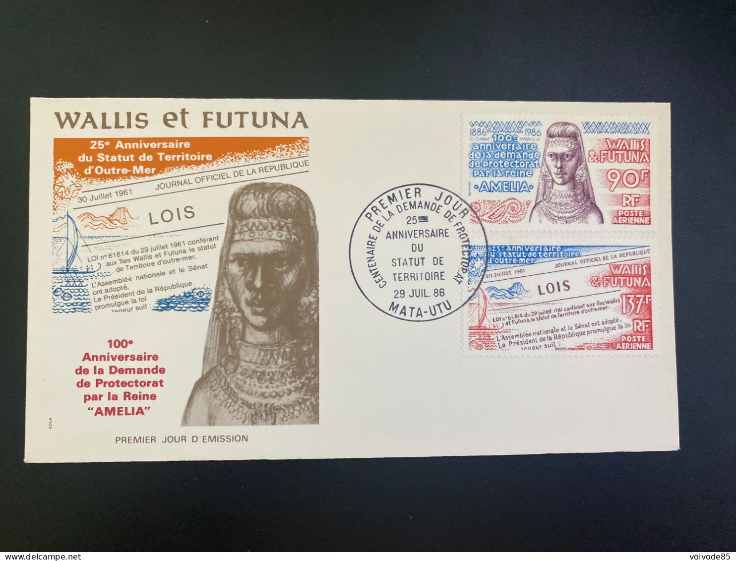 Enveloppe 1er Jour "Centenaire De La Demande De Protectorat Reine Amélia" 29/07/1986 - PA151/152 - Wallis Et Futuna - FDC