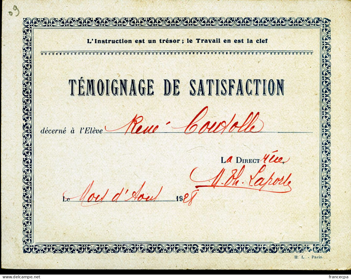 09 - TEMOIGNAGE DE SATISFACTION - LA MERE MICHEL - Diploma's En Schoolrapporten