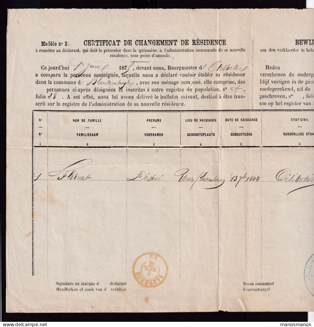 DDFF 810 -- Changement De Résidence De AALBEKE (Cachet Admin. Communale) Via COURTRAI Vers BLANKENBERGHE 1875 - Franchise