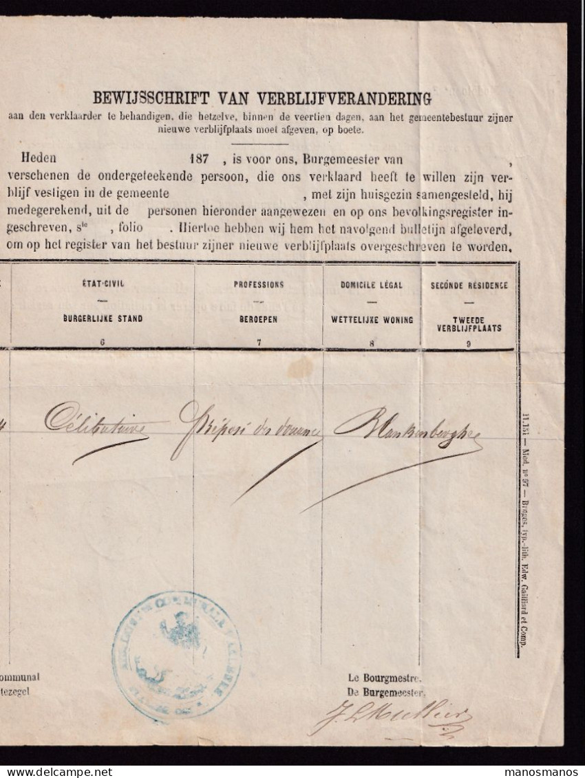 DDFF 810 -- Changement De Résidence De AALBEKE (Cachet Admin. Communale) Via COURTRAI Vers BLANKENBERGHE 1875 - Franquicia