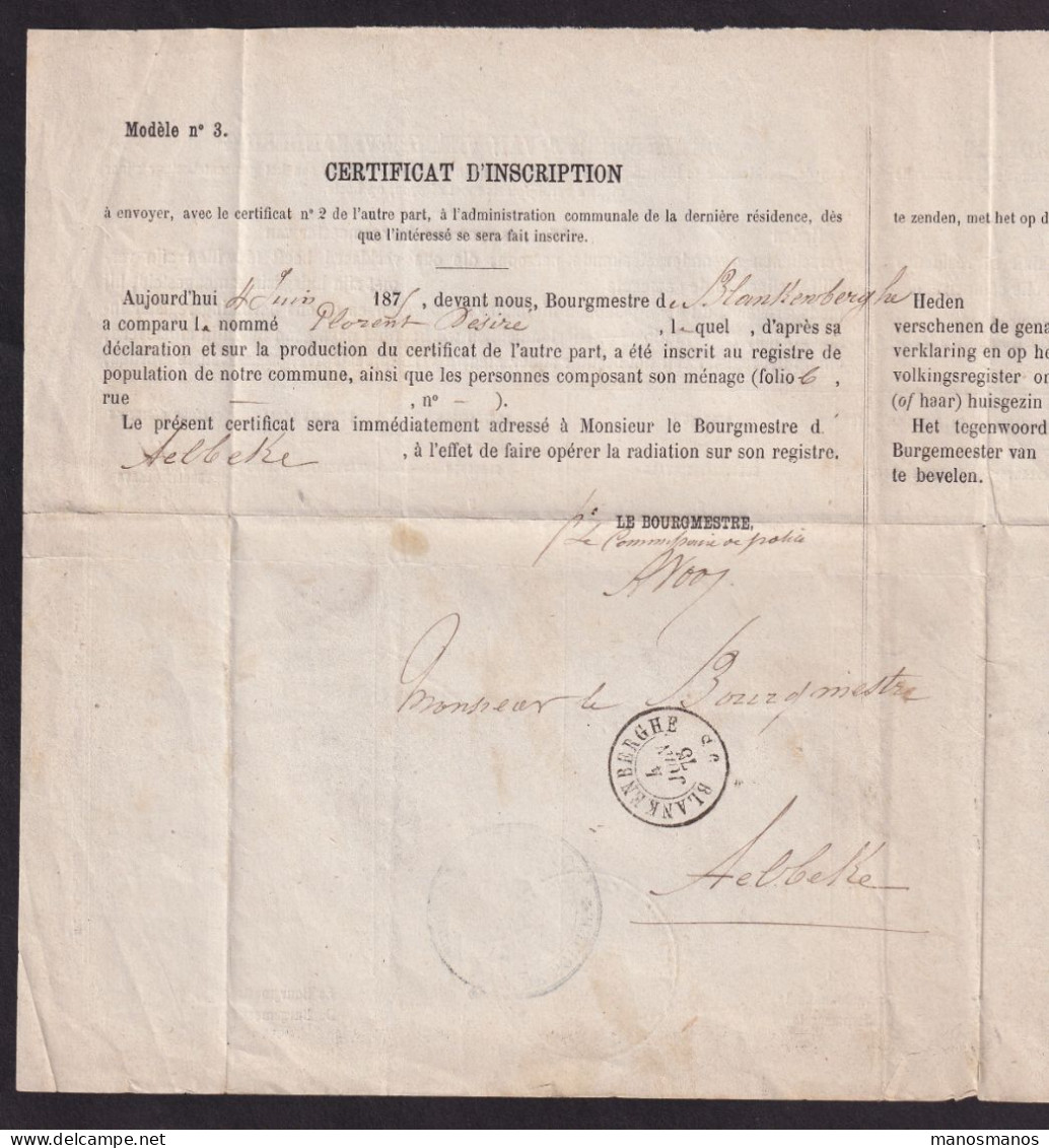 DDFF 810 -- Changement De Résidence De AALBEKE (Cachet Admin. Communale) Via COURTRAI Vers BLANKENBERGHE 1875 - Portofreiheit