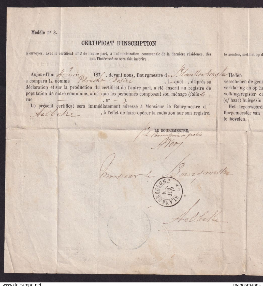 DDFF 810 -- Changement De Résidence De AALBEKE (Cachet Admin. Communale) Via COURTRAI Vers BLANKENBERGHE 1875 - Franchigia
