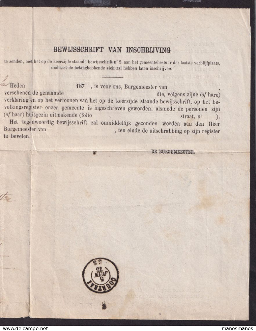 DDFF 810 -- Changement De Résidence De AALBEKE (Cachet Admin. Communale) Via COURTRAI Vers BLANKENBERGHE 1875 - Portofreiheit