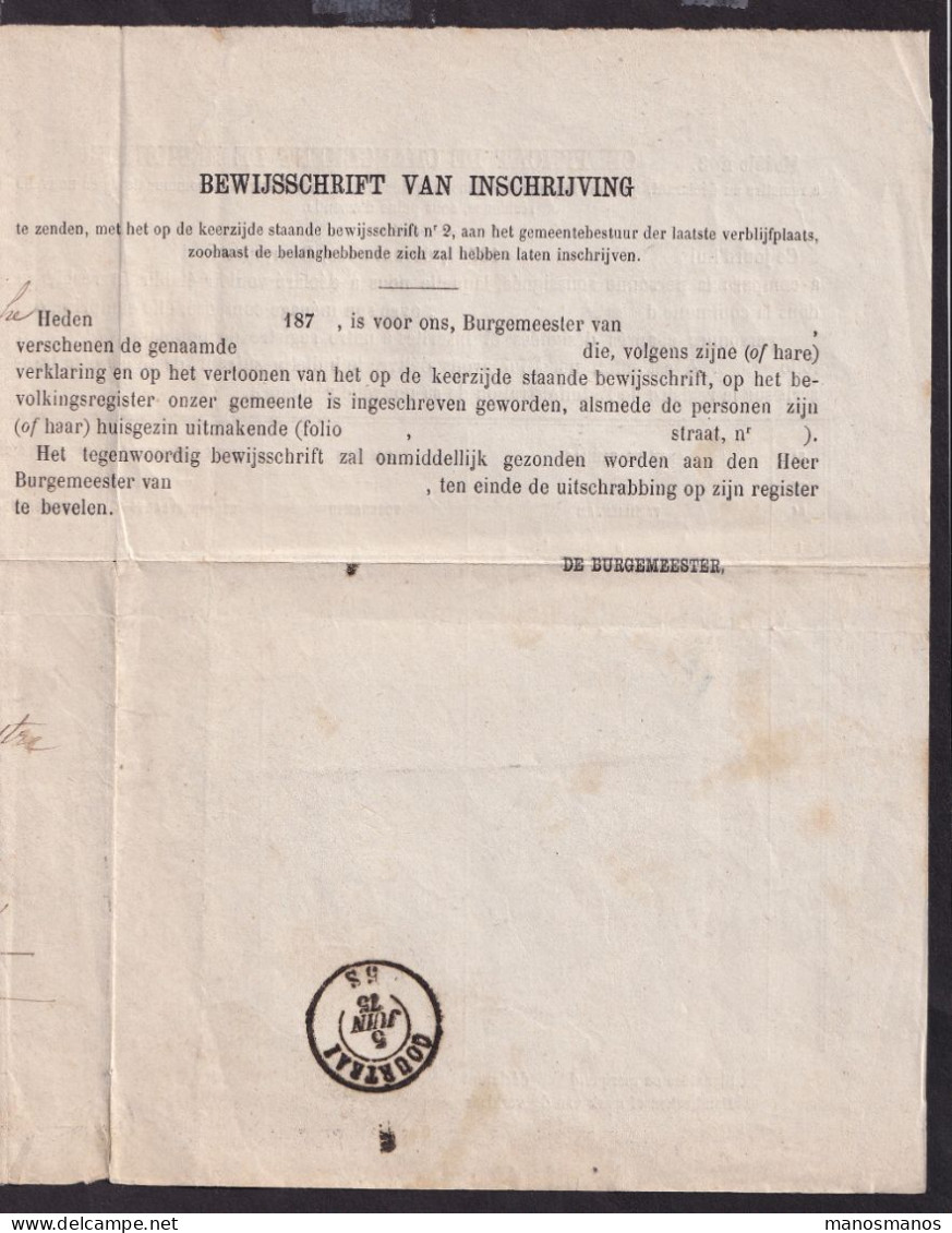 DDFF 810 -- Changement De Résidence De AALBEKE (Cachet Admin. Communale) Via COURTRAI Vers BLANKENBERGHE 1875 - Franquicia