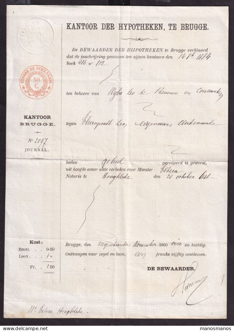 DDFF 811 -- Papier Fiscal Kantoor Der Hypotheken Te BRUGGE 1884 - Notaris Titeca Te HOOGHLEDE - Documents