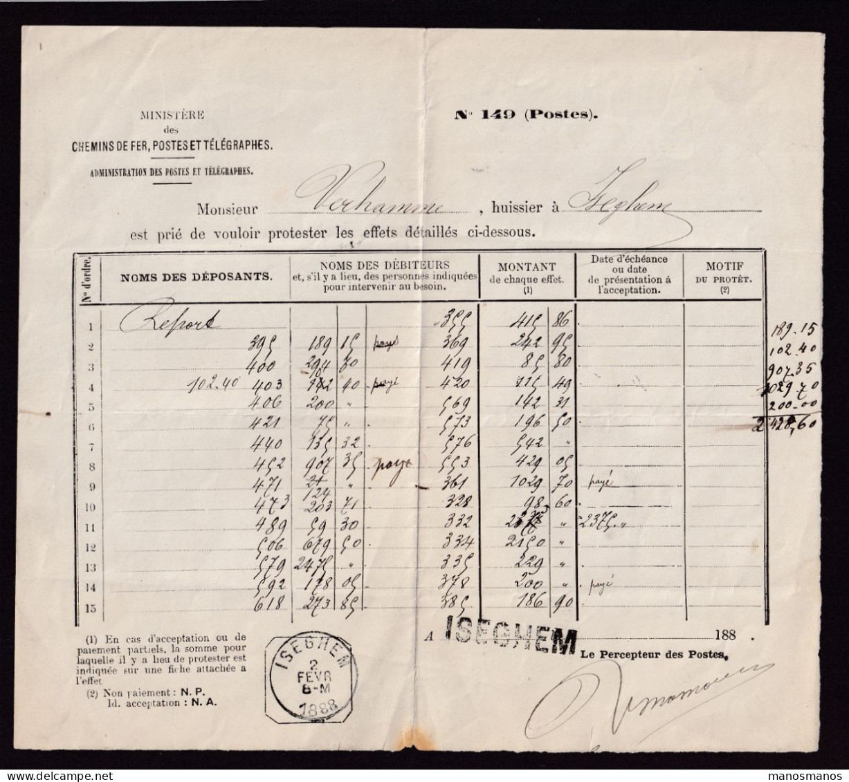 DDFF 812 -- Document Du Percepteur Des Postes à ISEGHEM - Griffe + Cachet 1888- Effets à Protester Par Huissier Verhamme - Zonder Portkosten