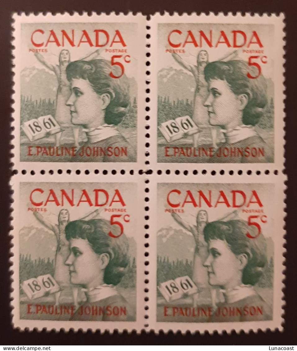 Canada 1961 MNH Sc #392**  4 X 5c Block, Pauline Johnson - Unused Stamps