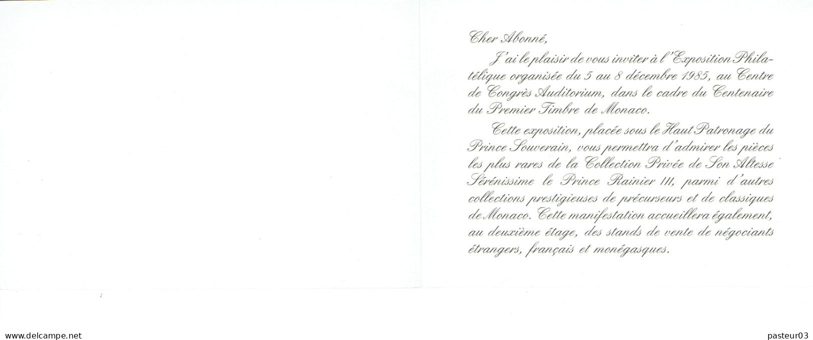 Centenaire Du 1er Timbre Monaco 1885-1985 Gravure Offerte Aux Abonnés Et Invitation - Altri & Non Classificati