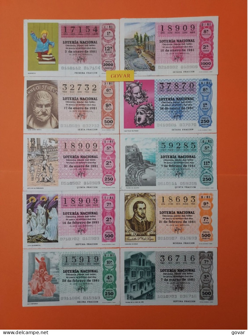 AÑO 1981 COMPLETO LOTERÍA NACIONAL ESPAÑA, SÁBADOS, TODOS LOS DECIMOS DEL AÑO - Billets De Loterie