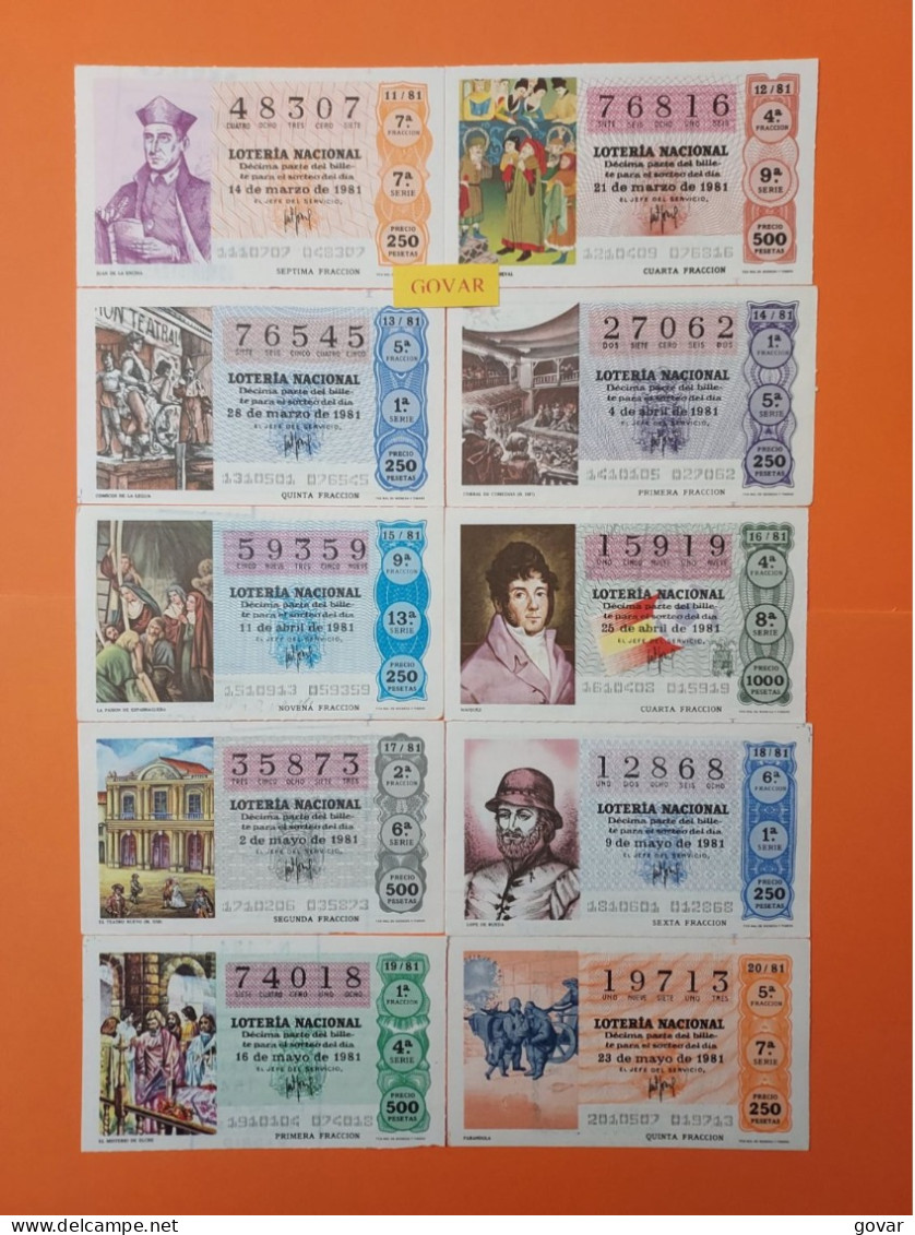 AÑO 1981 COMPLETO LOTERÍA NACIONAL ESPAÑA, SÁBADOS, TODOS LOS DECIMOS DEL AÑO - Billets De Loterie