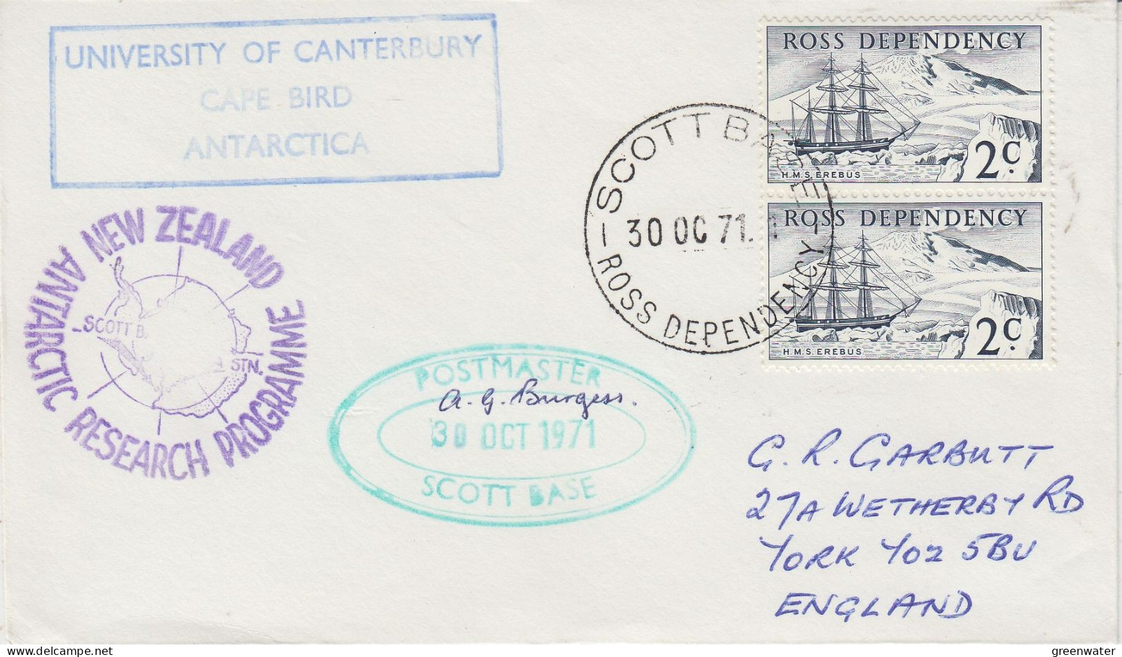Ross Dependency University Of Canterbury Cape Bird  Signature Postmaster Scott Base  Ca Scott Base 30 OCT 1971 (SO192) - Estaciones Científicas