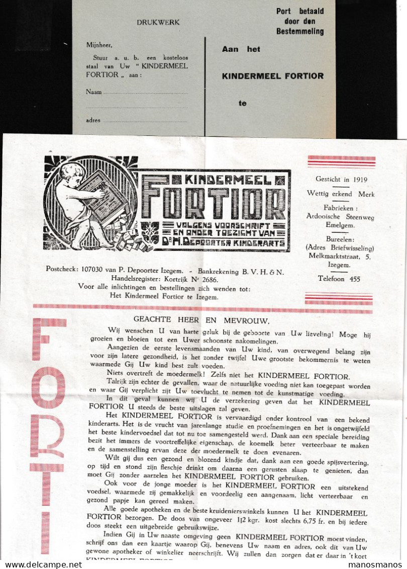 DDFF 814 -- IMPRIME (+ Contenu 3 Documents) TP Cérès ISEGHEM 1935 - Kindermeel FORTIOR - Fabriek Te EMELGEM - 1932 Ceres Y Mercurio