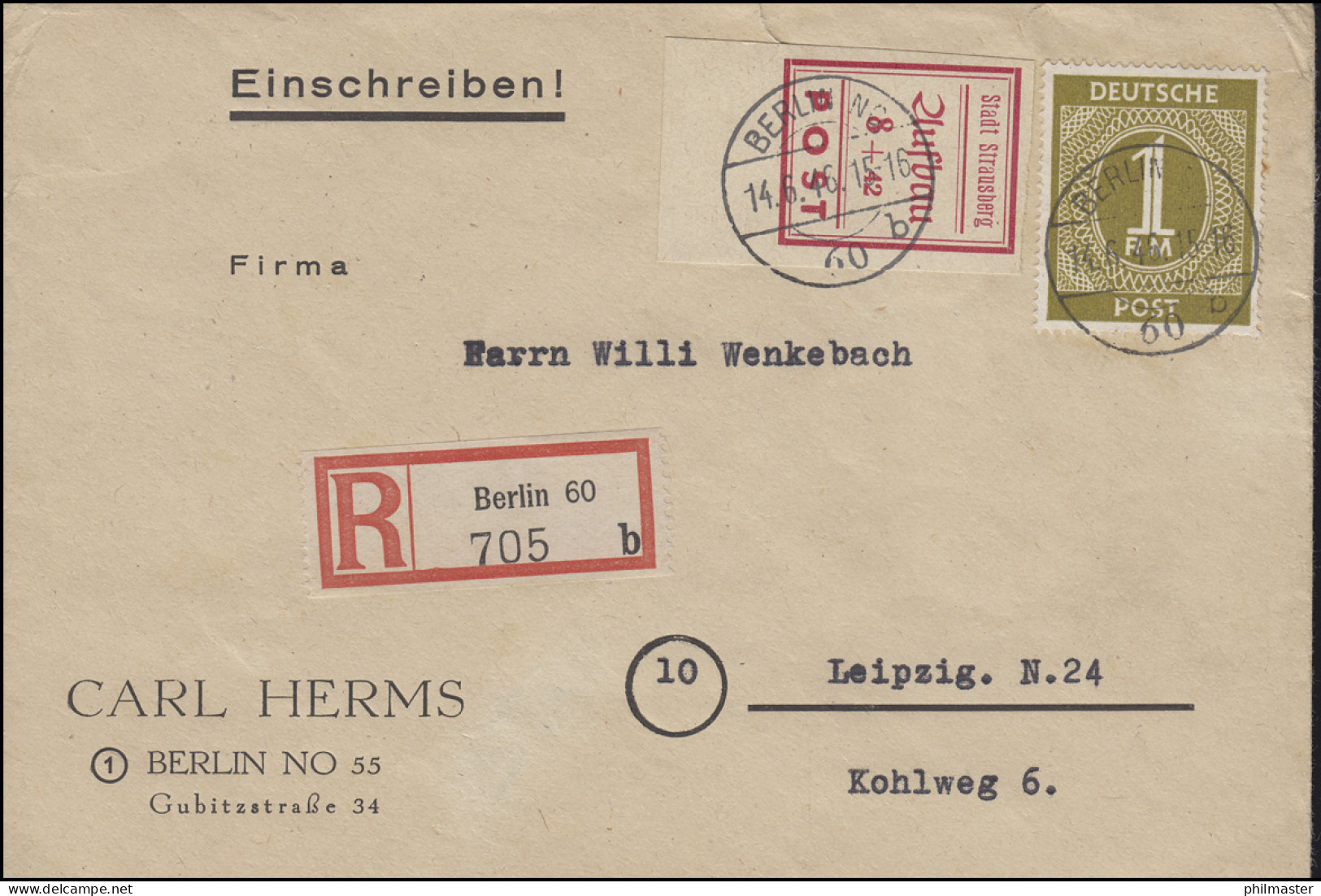 Strausberg 36B Wiederaufbau Rot Mit 937 Auf R-Brief BERLIN 14.6.46 - Cartas & Documentos