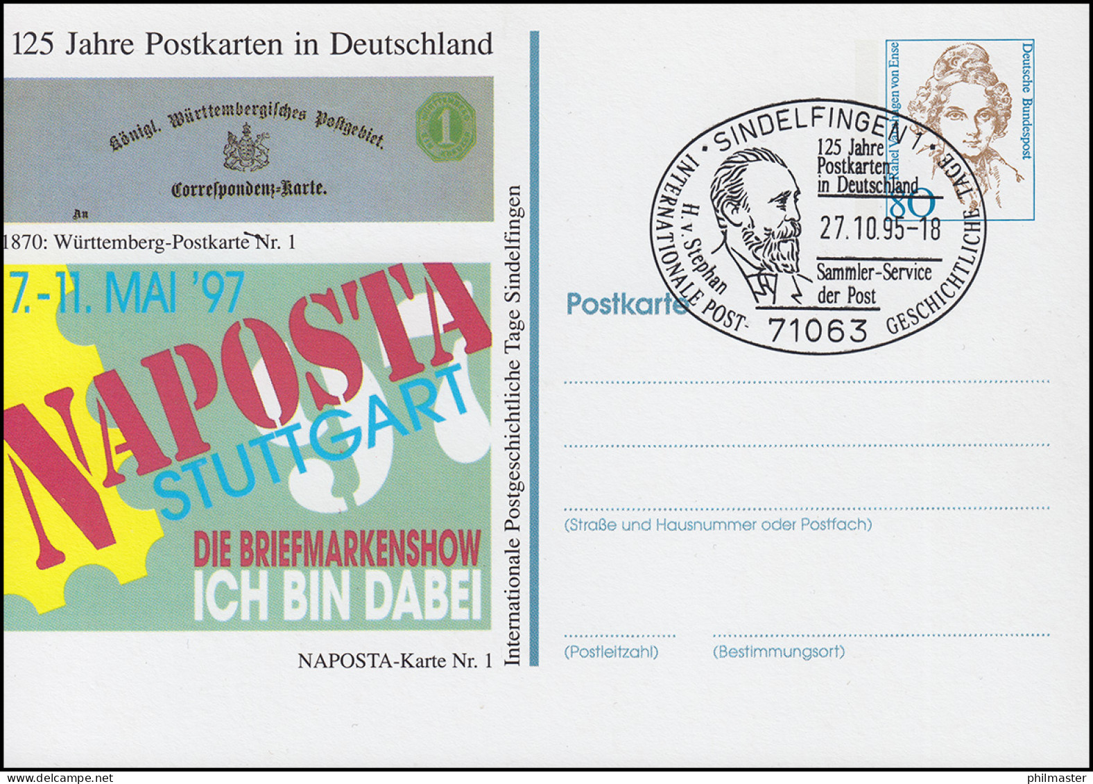 Privatpostkarte Frauen 80 Pf NAPOSTA Stuttgart SSt SINDELFINGEN Stephan 27.10.95 - Private Covers - Mint