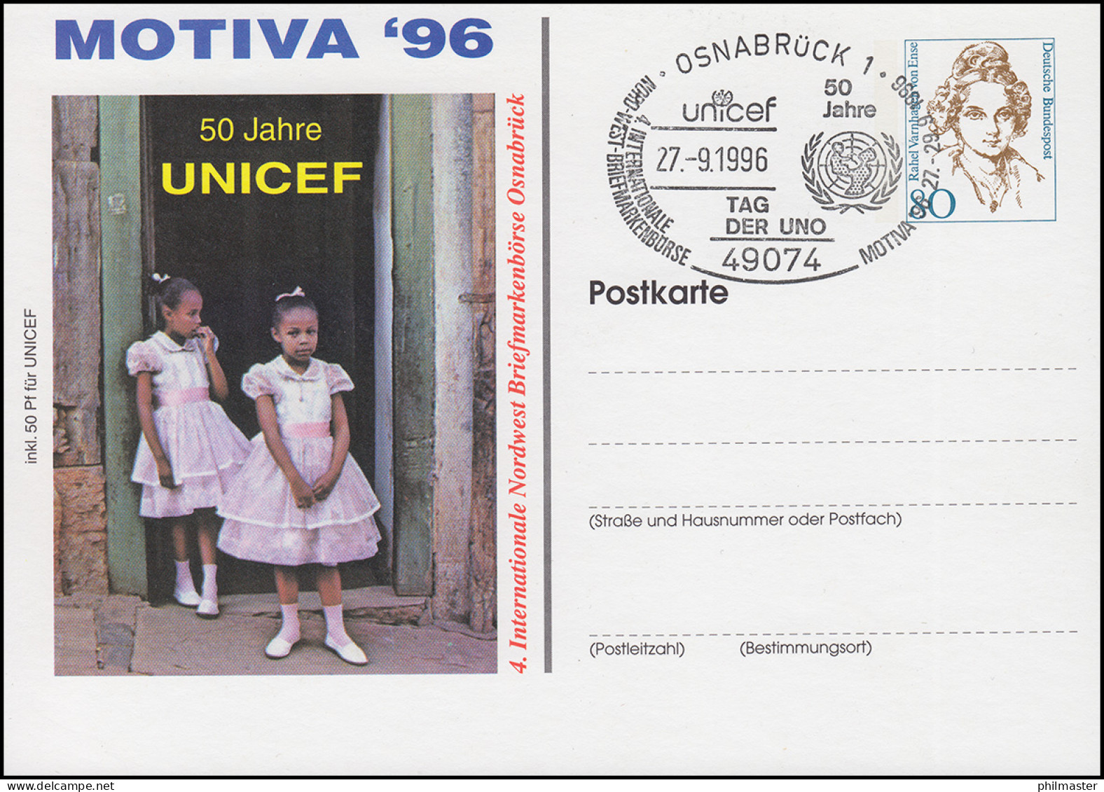 Privatpostkarte Frauen 80 Pf 50 Jahre UNICEF SSt OSNABRÜCK Tag Der UNO 27.9.1996 - Enveloppes Privées - Neuves