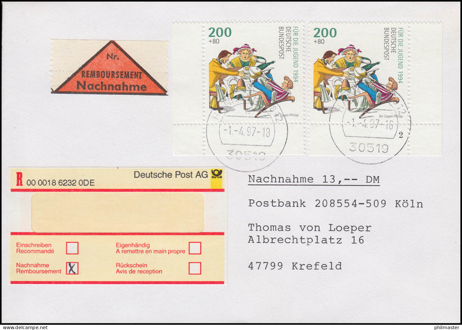 Nachnahme-FDC 1.4.1997 Für Den Neuen Einlieferungsbeleg, HANNOVER  - Poste