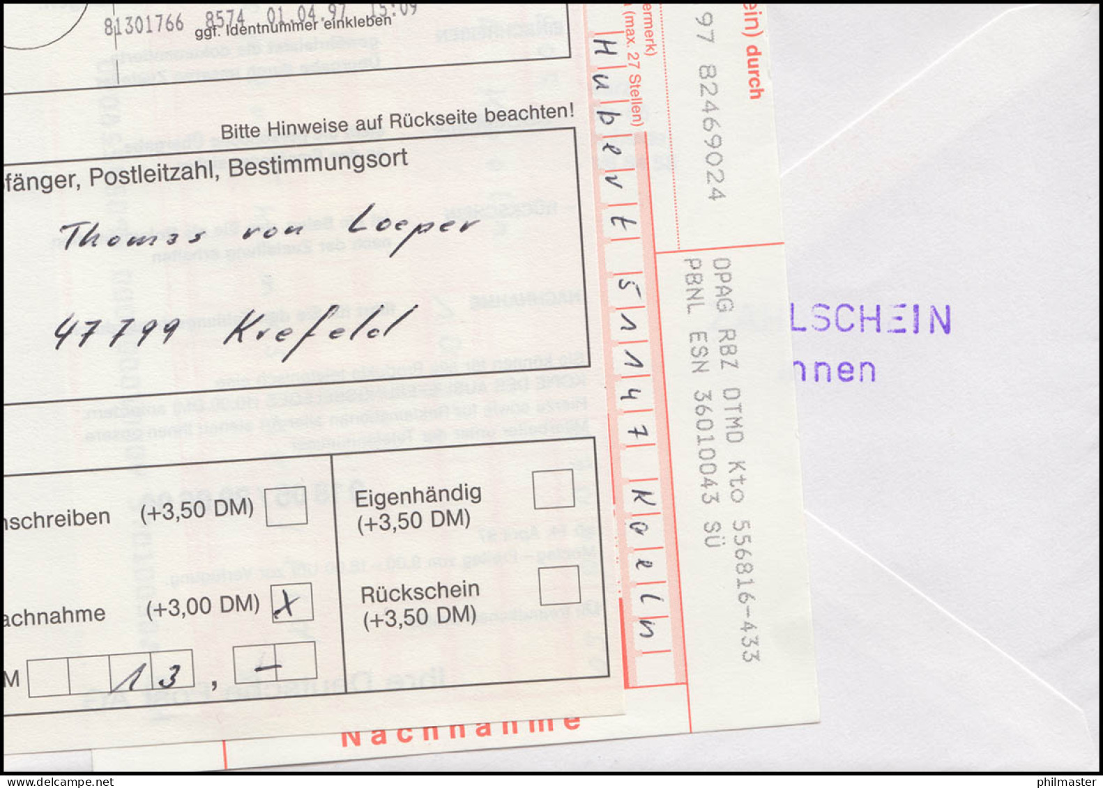 Nachnahme-FDC 1.4.1997 Für Den Neuen Einlieferungsbeleg, HANNOVER  - Correo Postal