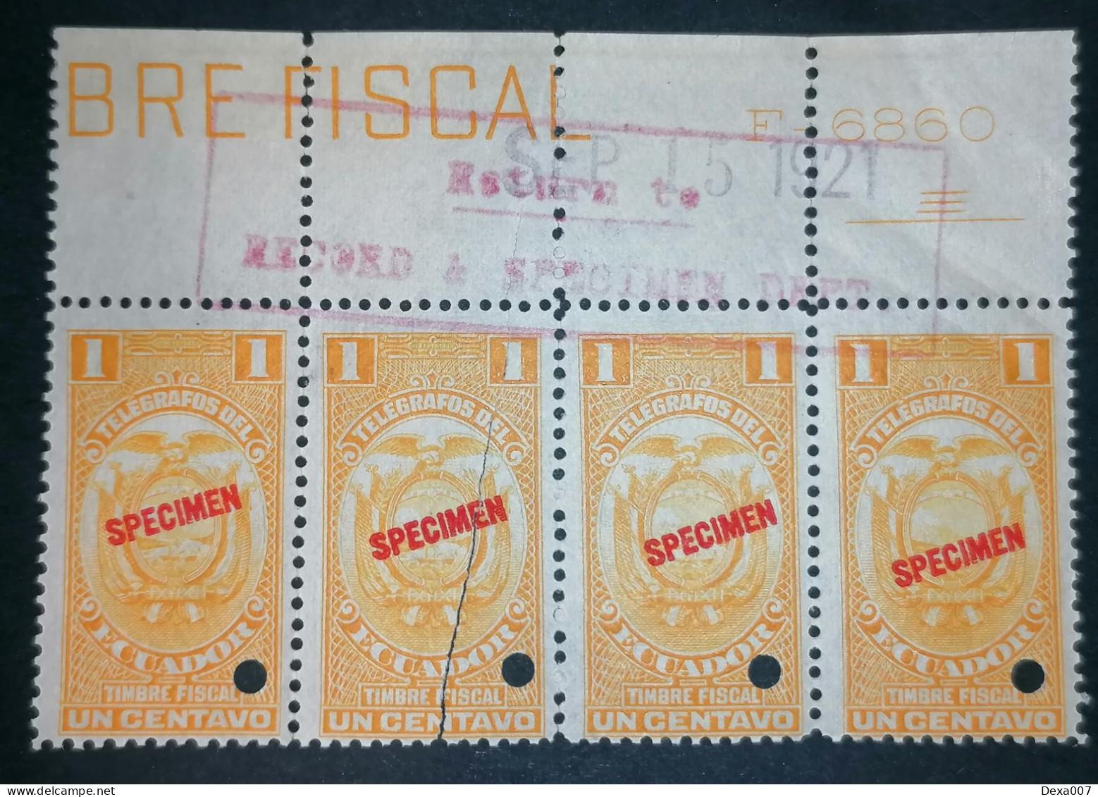 Ecuador 1 Centavo Revenue Stamp Specimen Overprint Block Of 4 - Ecuador