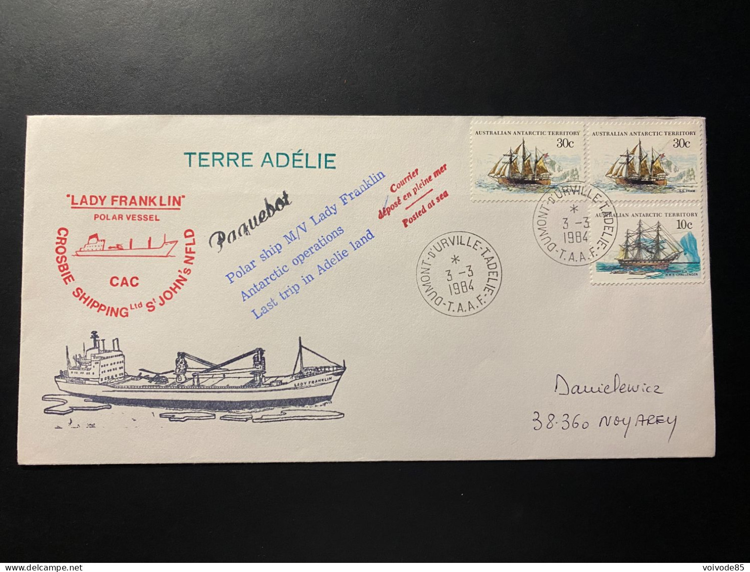 Lettre "Bateaux - TAAF" - 03/03/1984 - Lady Franklin - Terre Adélie - Lettres & Documents