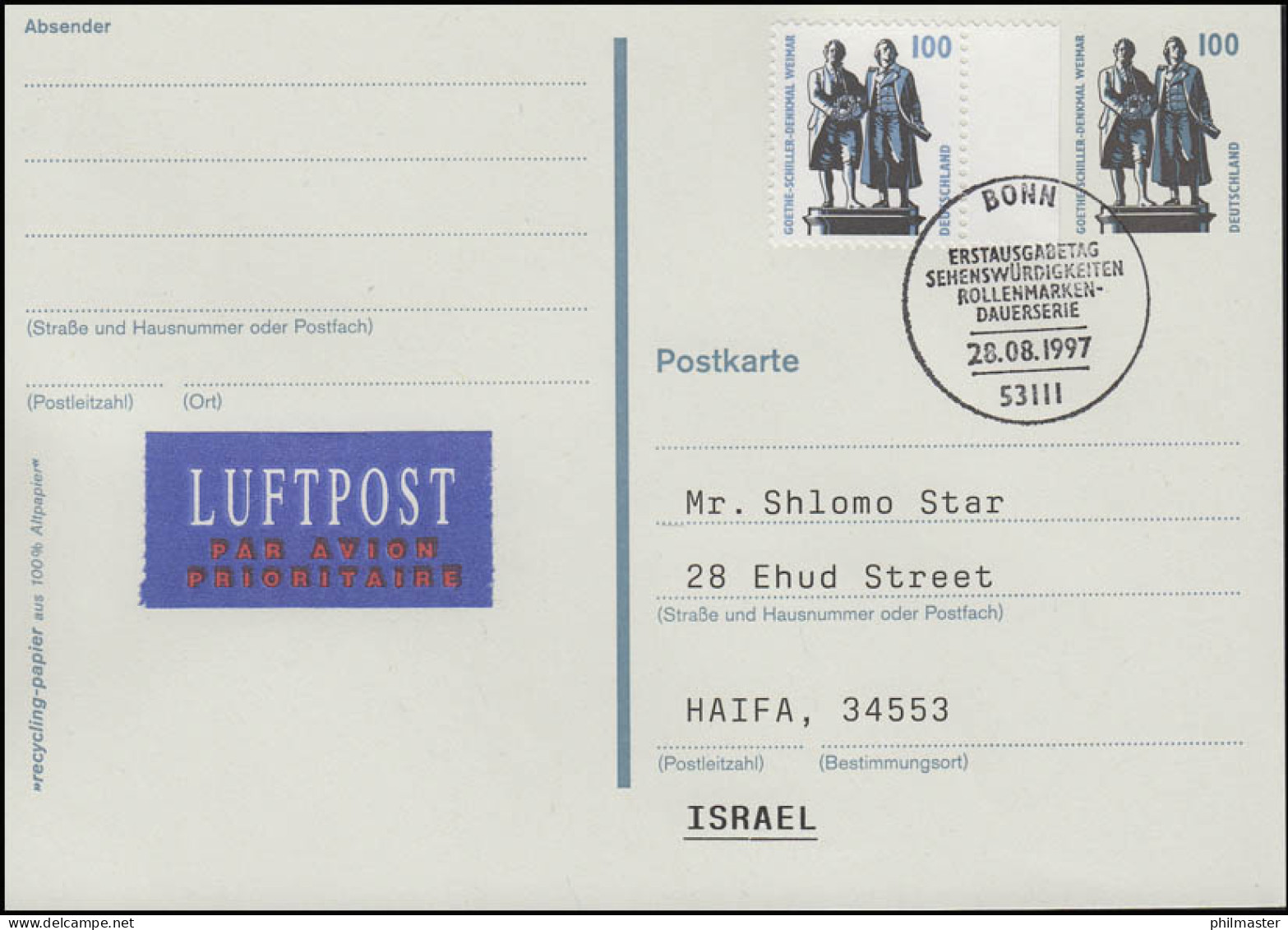 Postkarte P 157 Goethe-Schiller-Denkmal +1934A SWK Luftpost-FDC ESSt Bonn - Postkaarten - Ongebruikt