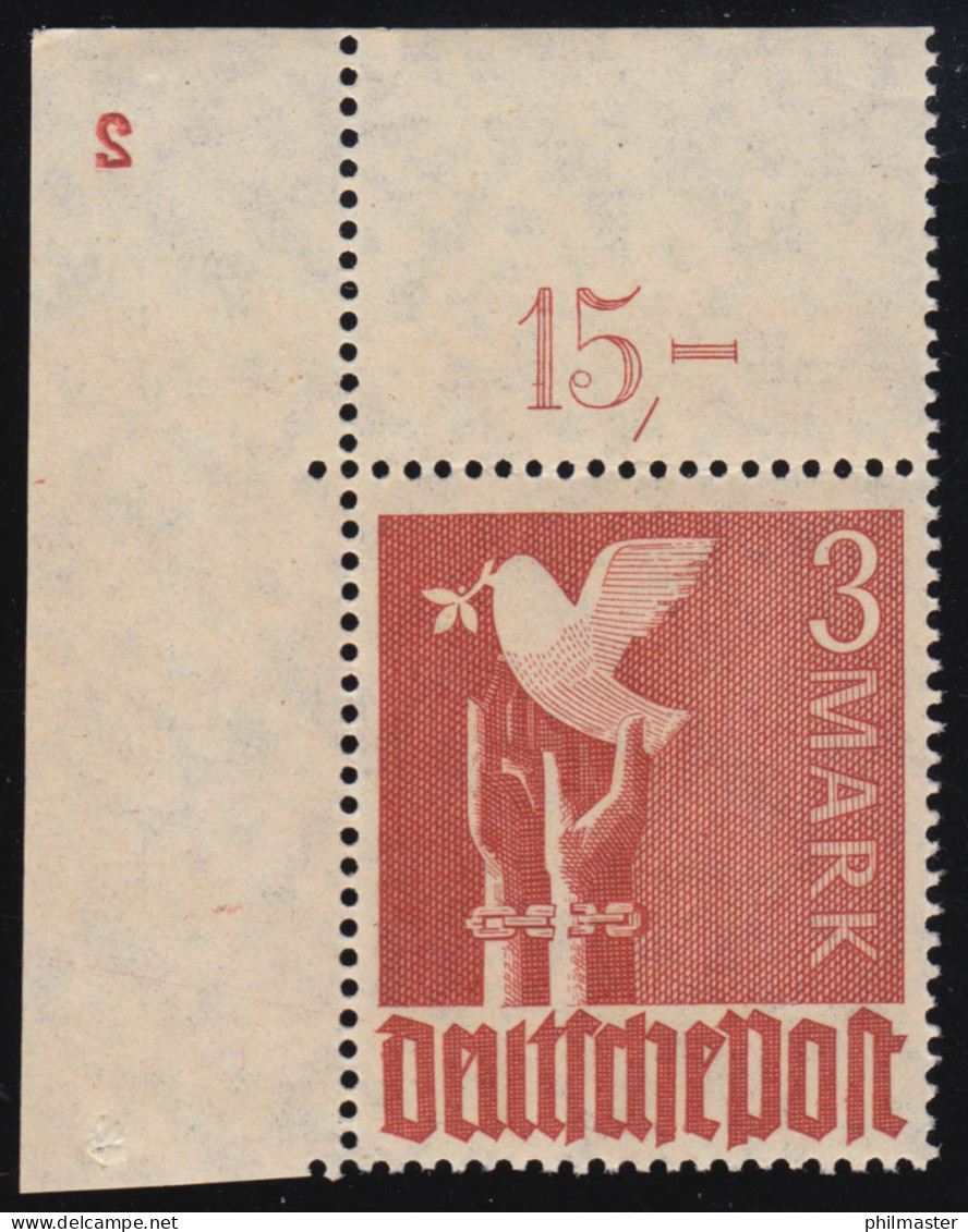 961Pl.-Nr. Taube 3 Mark Eckrandstück Oben Mit Ganzer Plattennummer 2, **   - Postfris