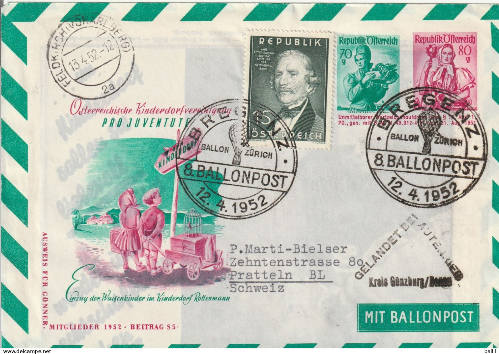 Autriche Entier Postal Illustré Poste Par Ballon Bregenz Pour La Suisse 1952 - Briefe