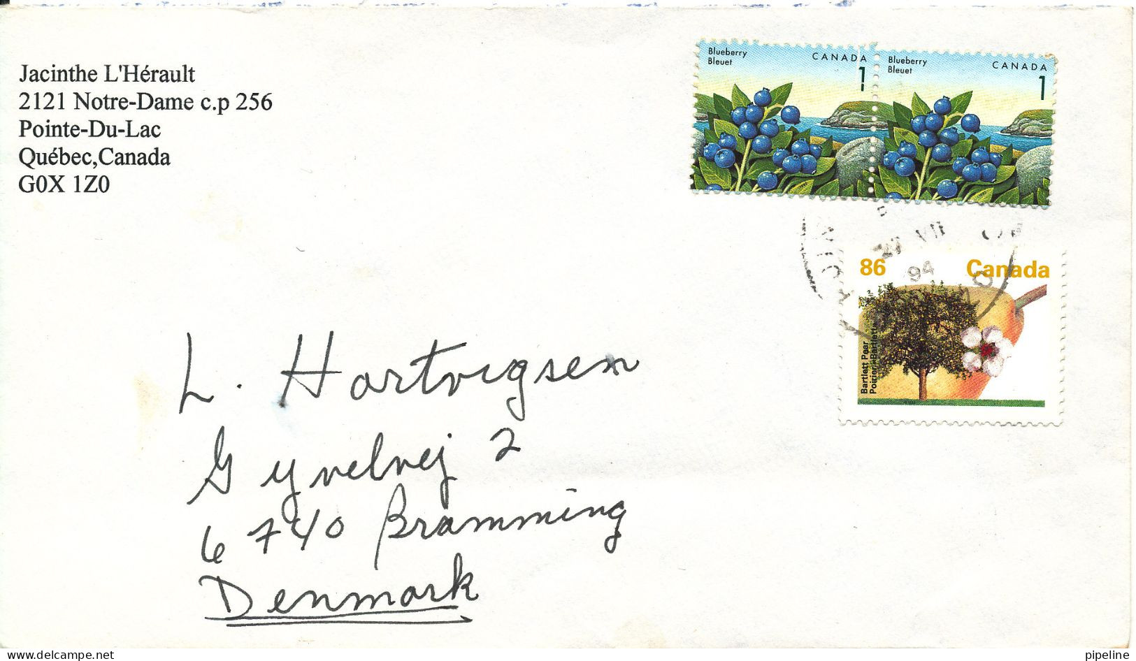 Canada Cover Sent To Denmark 1994 - Lettres & Documents