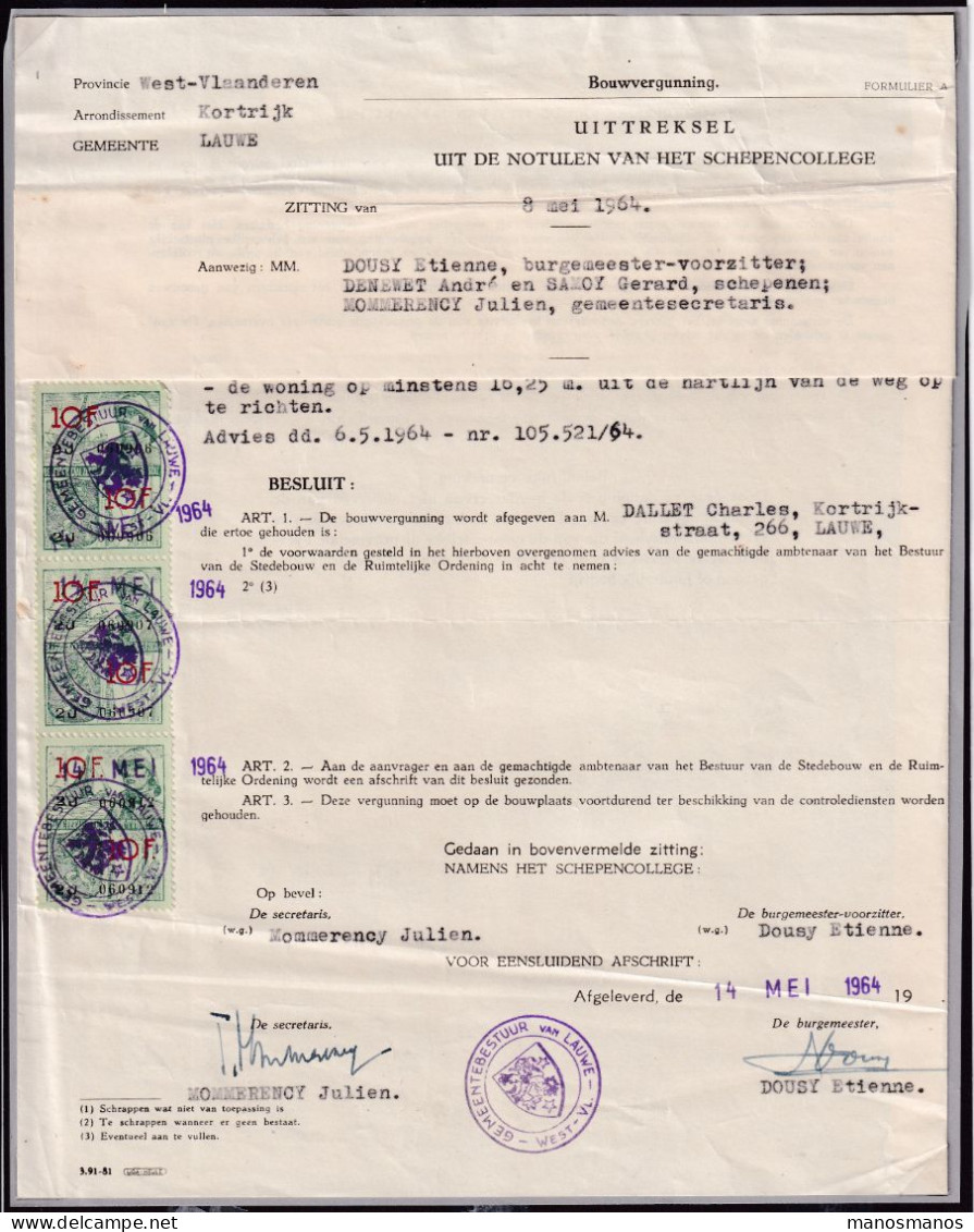 DDFF 816 -- LAUWE Document Bouwvergunning 1964 / Timbres Fiscaux Annulés Gemeentebestuur Van LAUWE West Vl. - Dokumente