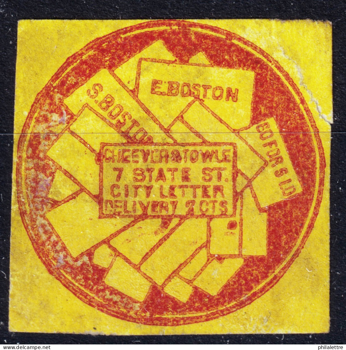 ÉTATS-UNIS / USA - Local Posts - CHEEVER & TOWLE, Boston, Mass. - 1849 Bogus/Forgery Of Sc.37L1 In Red On Yellow Paper - Locals & Carriers
