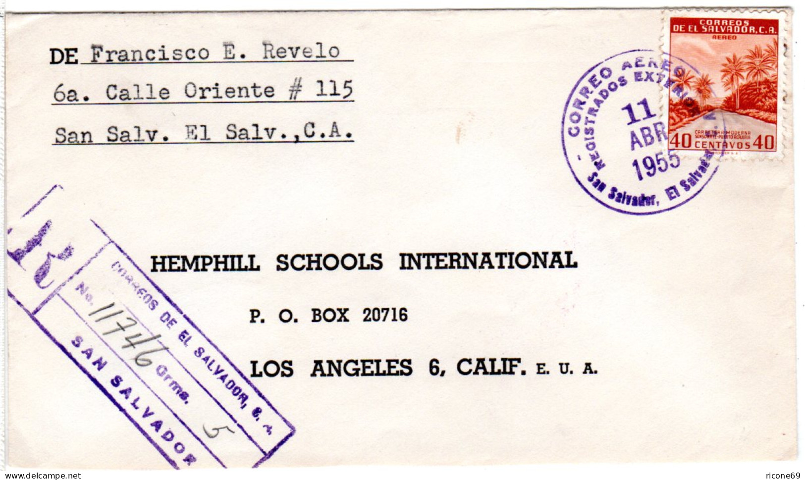 El Salvador 1955, 40 C. Auf Einschreiben Brief Nach USA - Salvador