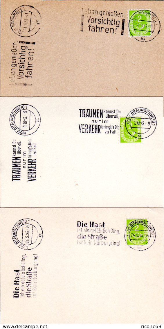 BRD 1953, 3 Karten M. Versch. Werbestempeln Zur Verkehrserziehung - Unfälle Und Verkehrssicherheit