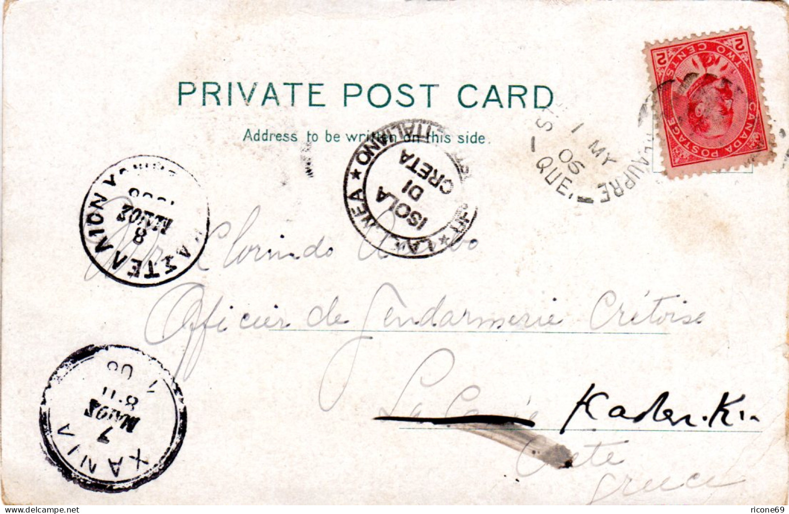Kanada 1906, 2 C. Auf Karte Nach Kreta, Nachgesendet N.Griechenland - Postgeschichte