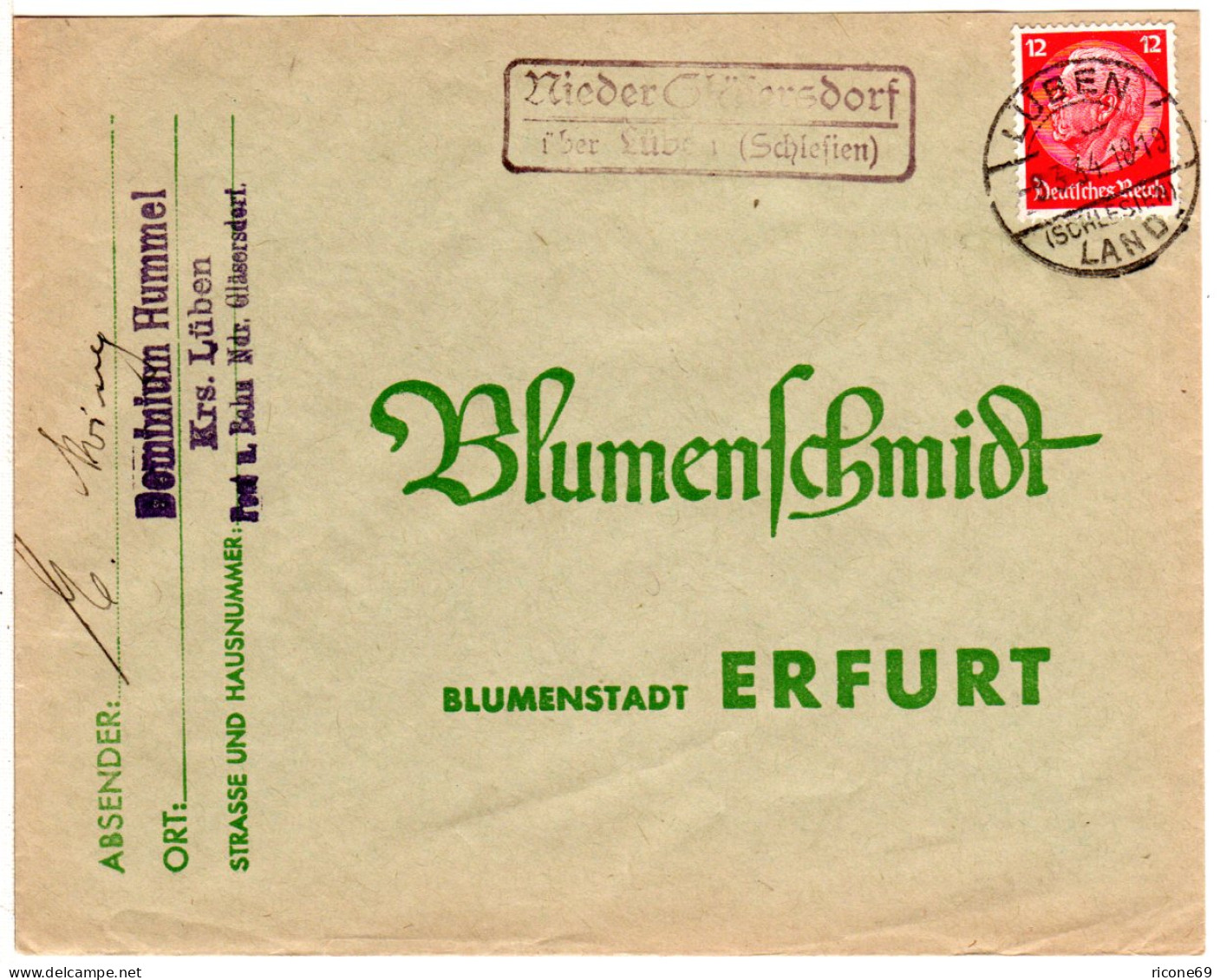 DR 1934, Landpost Stpl. NIEDER GLÄSERSDORF über Lüben Auf Brief M. 12 Pfg. - Cartas & Documentos