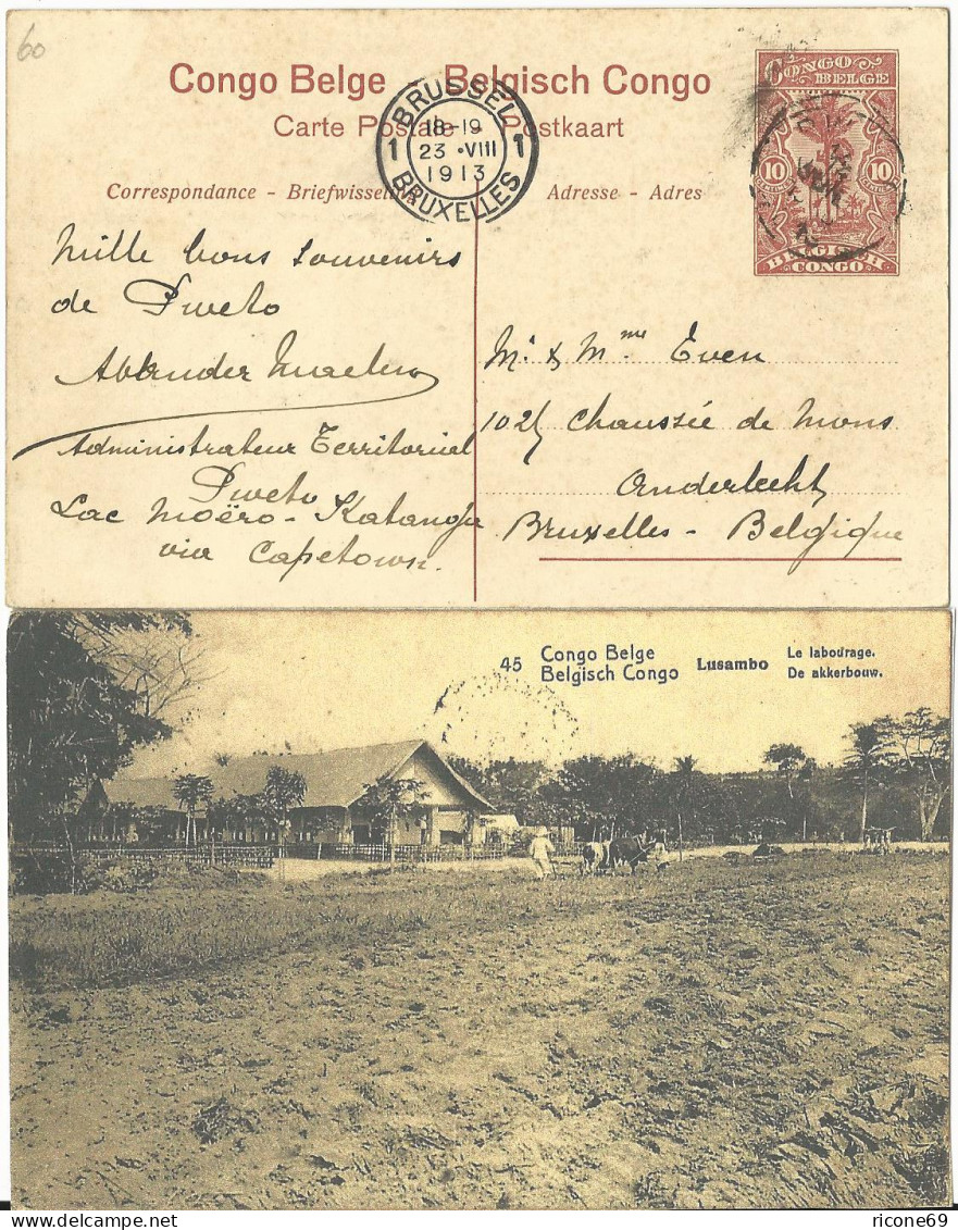 Belgisch Congo 1913, Gebr. 10 C. Bild Ganzsache M. Bauer Beim Pflügen, Ackerbau - Autres - Afrique