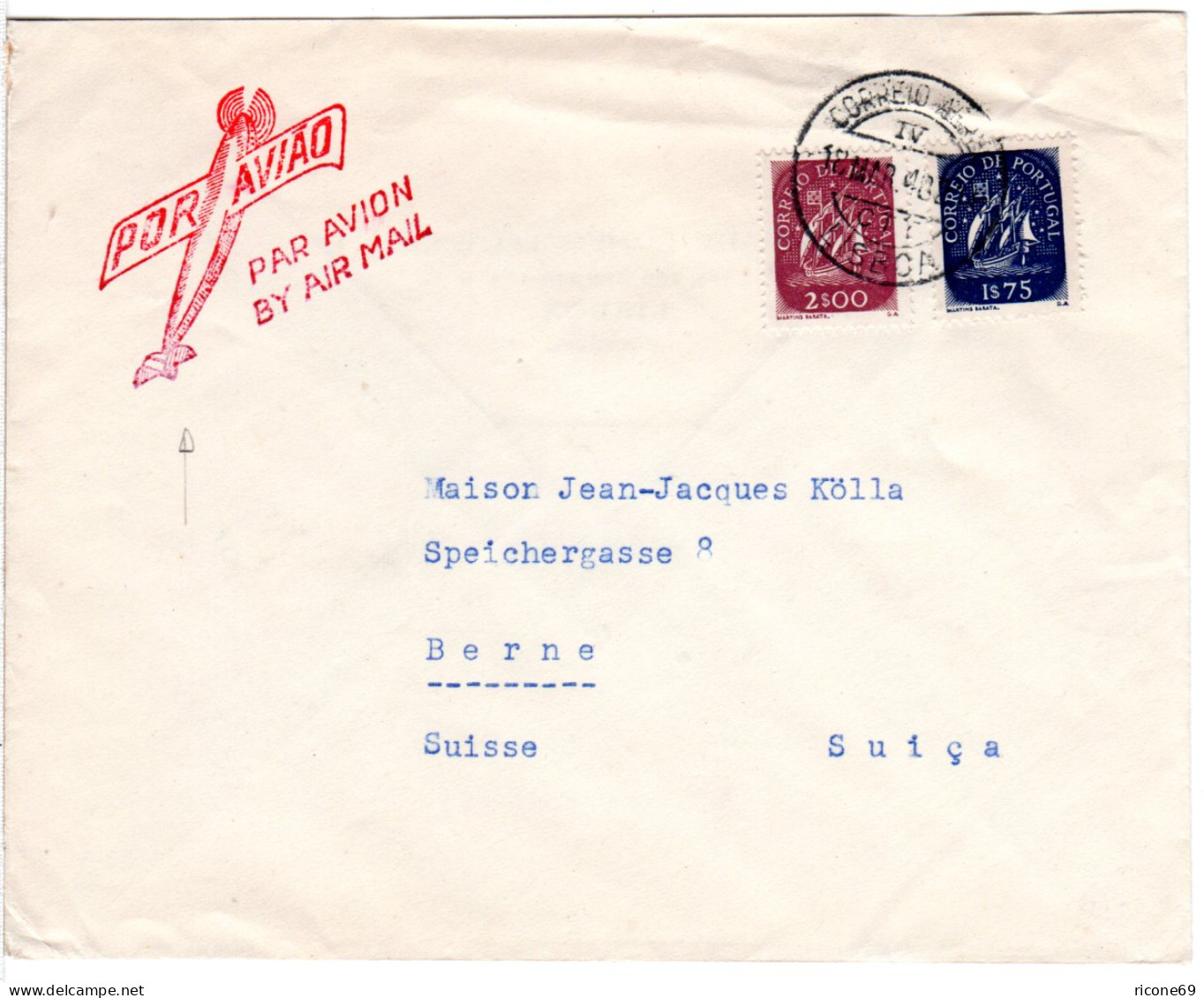 Portugal 1948, Roter Luftpost Stpl. M. Flugzeug Auf Brief V. Lisboa I.d. Schweiz - Sonstige & Ohne Zuordnung