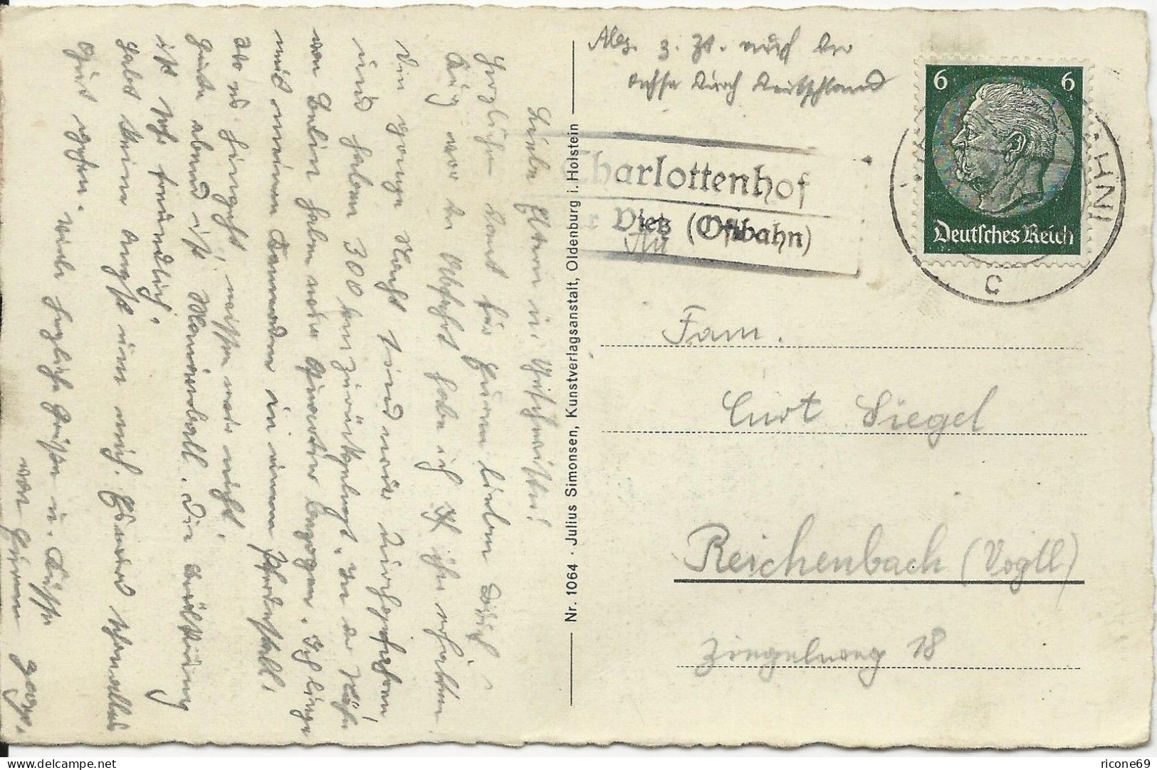 DR 1938, Landpost Stpl. Charlottenhof ü. Vietz (Ostbahn) Auf Karte M. 6 Pf. #121 - Ehemalige Dt. Kolonien