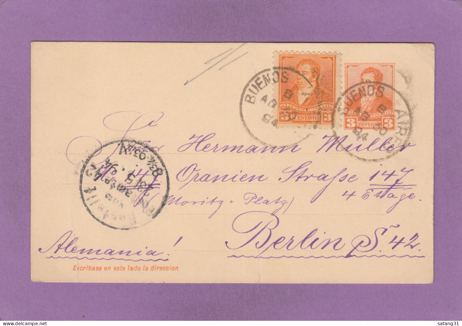 ENTIER POSTAL AVEC AFFRANCHISSEMENT COMPLEMENTAIRE DE BUENOS AIRES POUR BERLIN,1894. - Postal Stationery