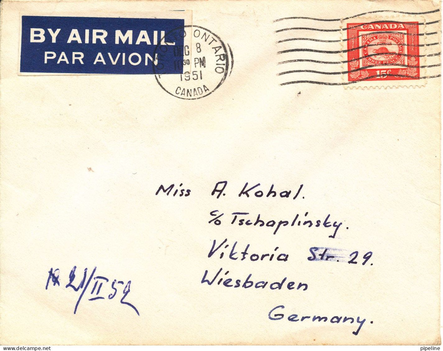 Canada Cover Sent To Germany 1951 Single Franked - Lettres & Documents