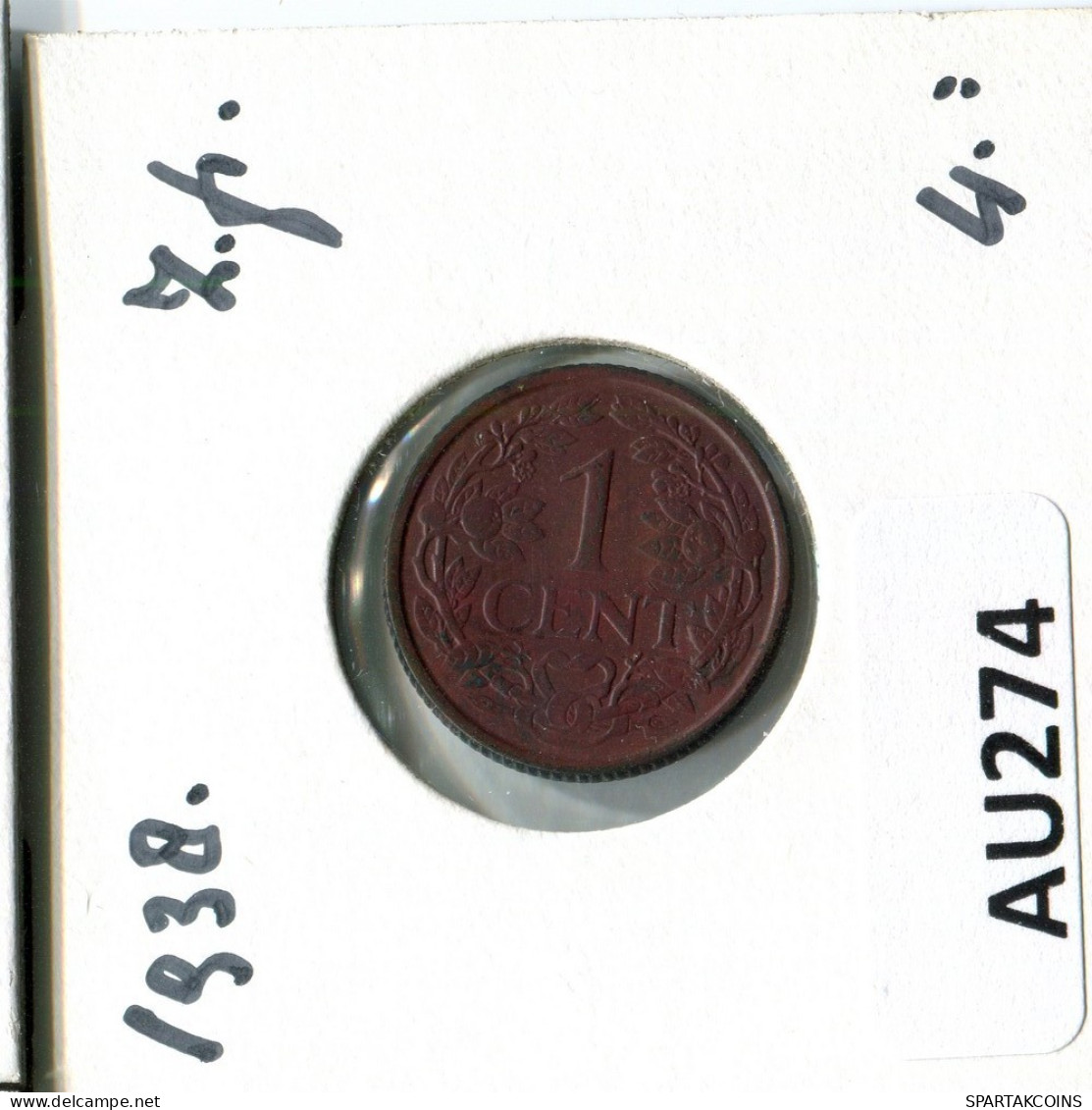 1 CENT 1938 NIEDERLANDE NETHERLANDS Münze #AU274.D.A - 1 Centavos