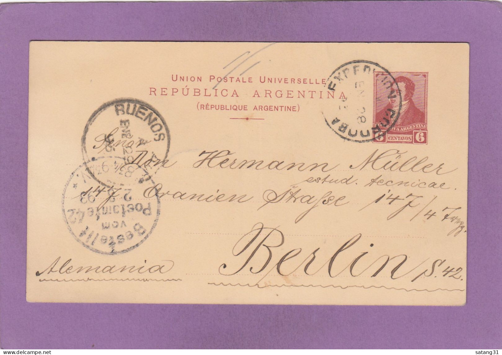ENTIER POSTAL DE CORDOBA POUR BERLIN,VIA BUENOS AIRES,1893. - Enteros Postales