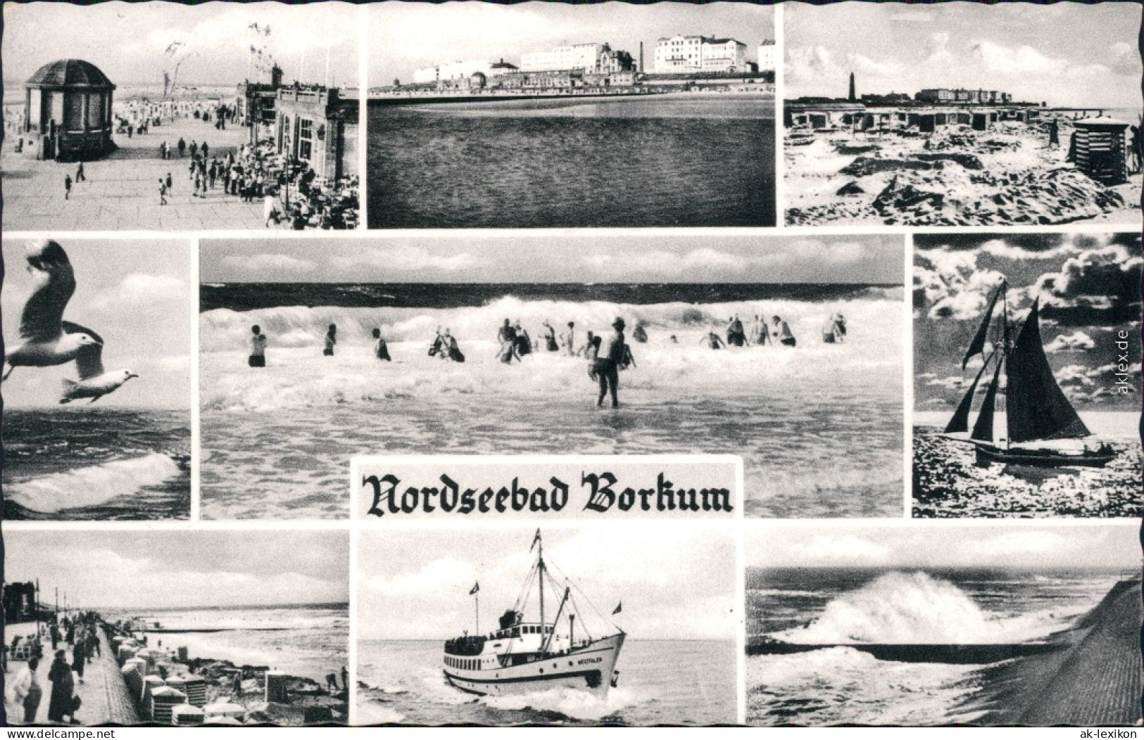 Ansichtskarte Borkum Strand, Promenade, Schiff, Möwen 1958 - Borkum