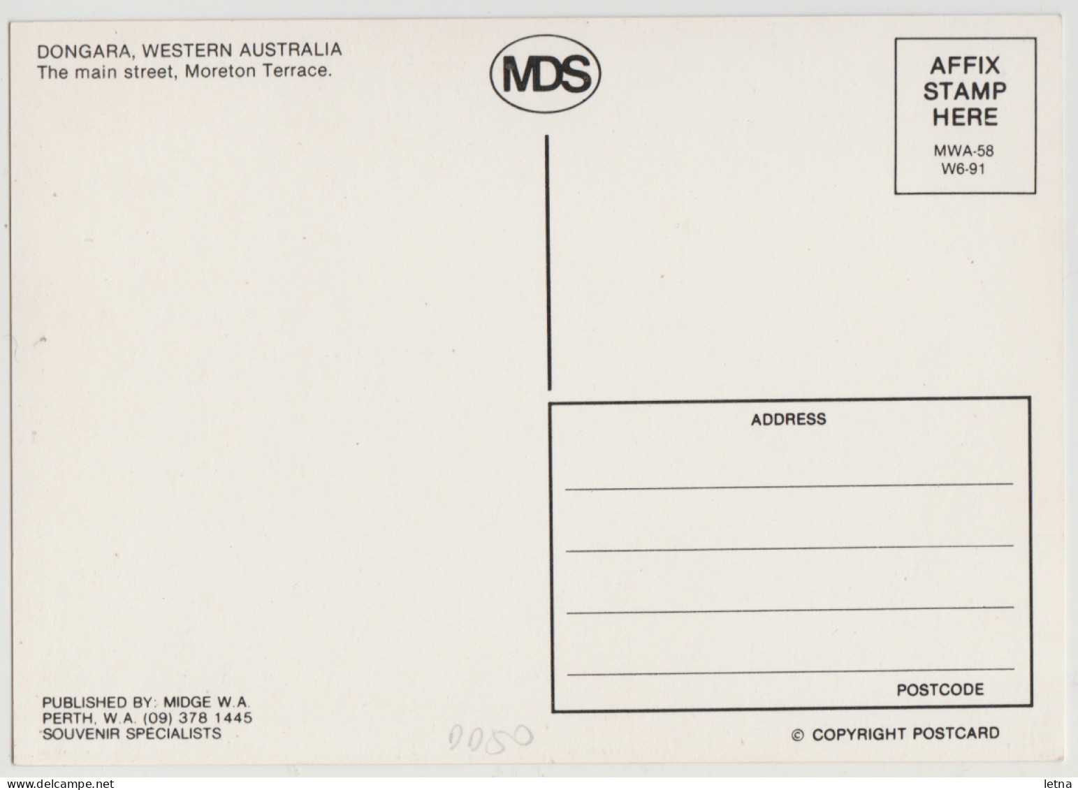 WESTERN AUSTRALIA WA Moreton Terrace Main Street DONGARA MDS Midge W6-91 Postcard C1980s - Autres & Non Classés