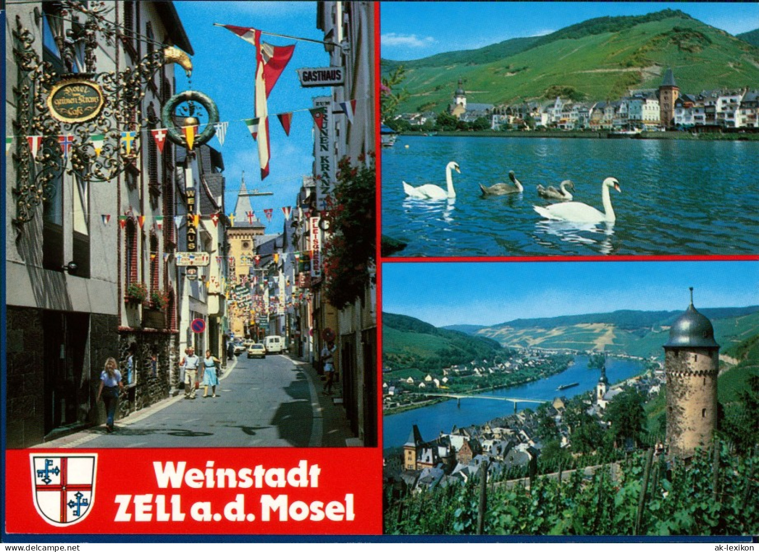 Ansichtskarte Zell&#47;Mosel Gasse, Panorama, Mosel Mit Schwänen 1995 - Zell